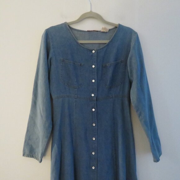 VINTAGE NEVADA JEANSWEAR Light Denim Pearl Snap Maxi Dress - Size 10 - Picture 3 of 15